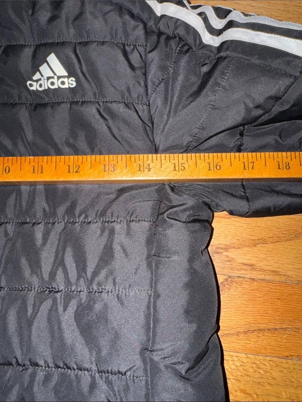 adidas kids Black Puffer Jacket with White Shoulder Stripes size small (7/8)